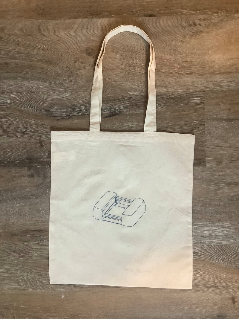Tote bag marked with a Scribbly guide drawing